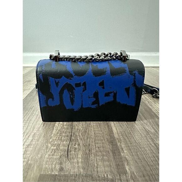 ALEXANDER MCQUEEN GRAFFITI FOUR-RING LEATHER SHOULDER BAG IN BLUE BLACK $2,500 - Picture 9 of 16